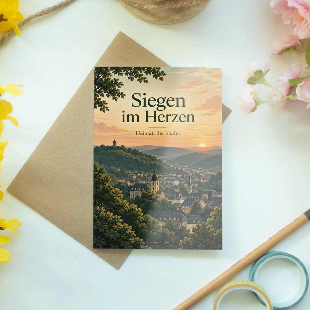 Herzliche Heimatkarte für Siegen mit Stadtsilhouette am Abend|p:2023991|h:40553cdadfde63478131614b4ee1aeff