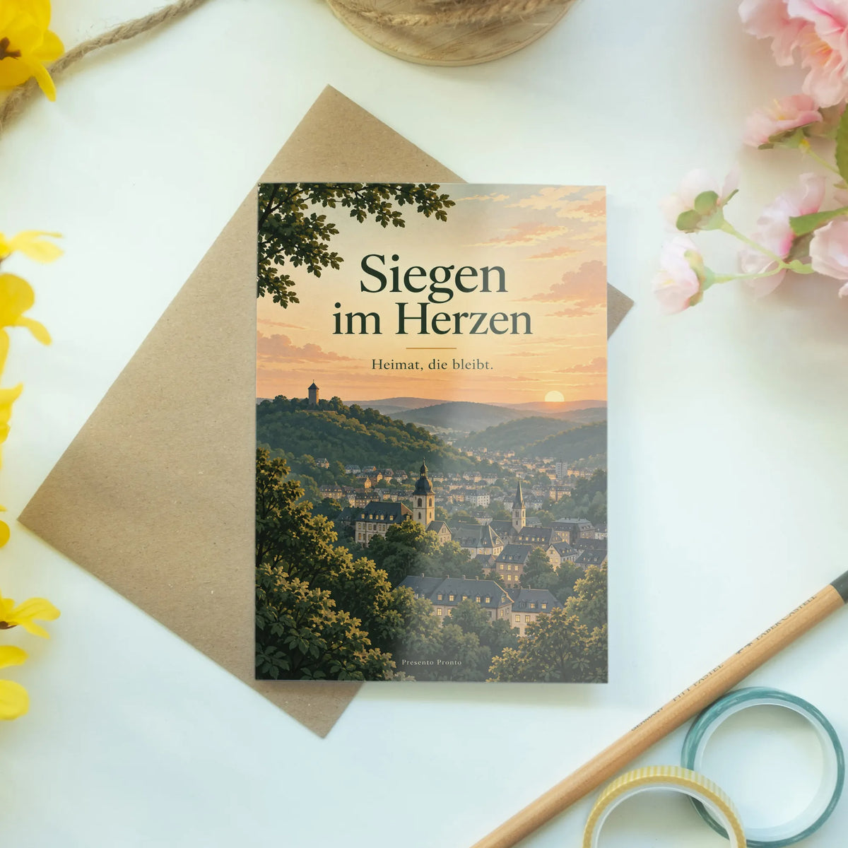 Herzliche Heimatkarte für Siegen mit Stadtsilhouette am Abend