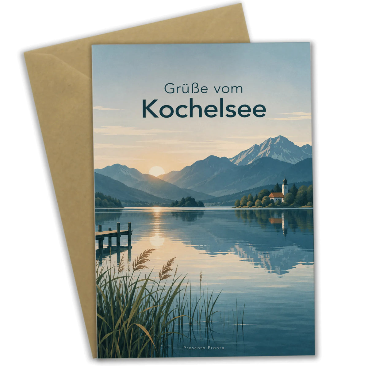 Herzliche Grußkarte vom Kochelsee mit Bergsilhouetten
