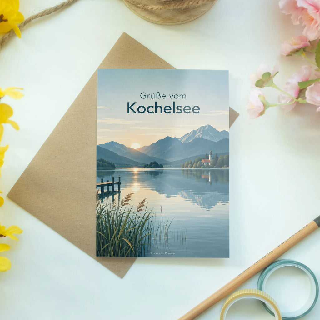Herzliche Grußkarte vom Kochelsee mit Bergsilhouetten|p:2023995|h:9886c7e9c0618767de6a84173fd52263