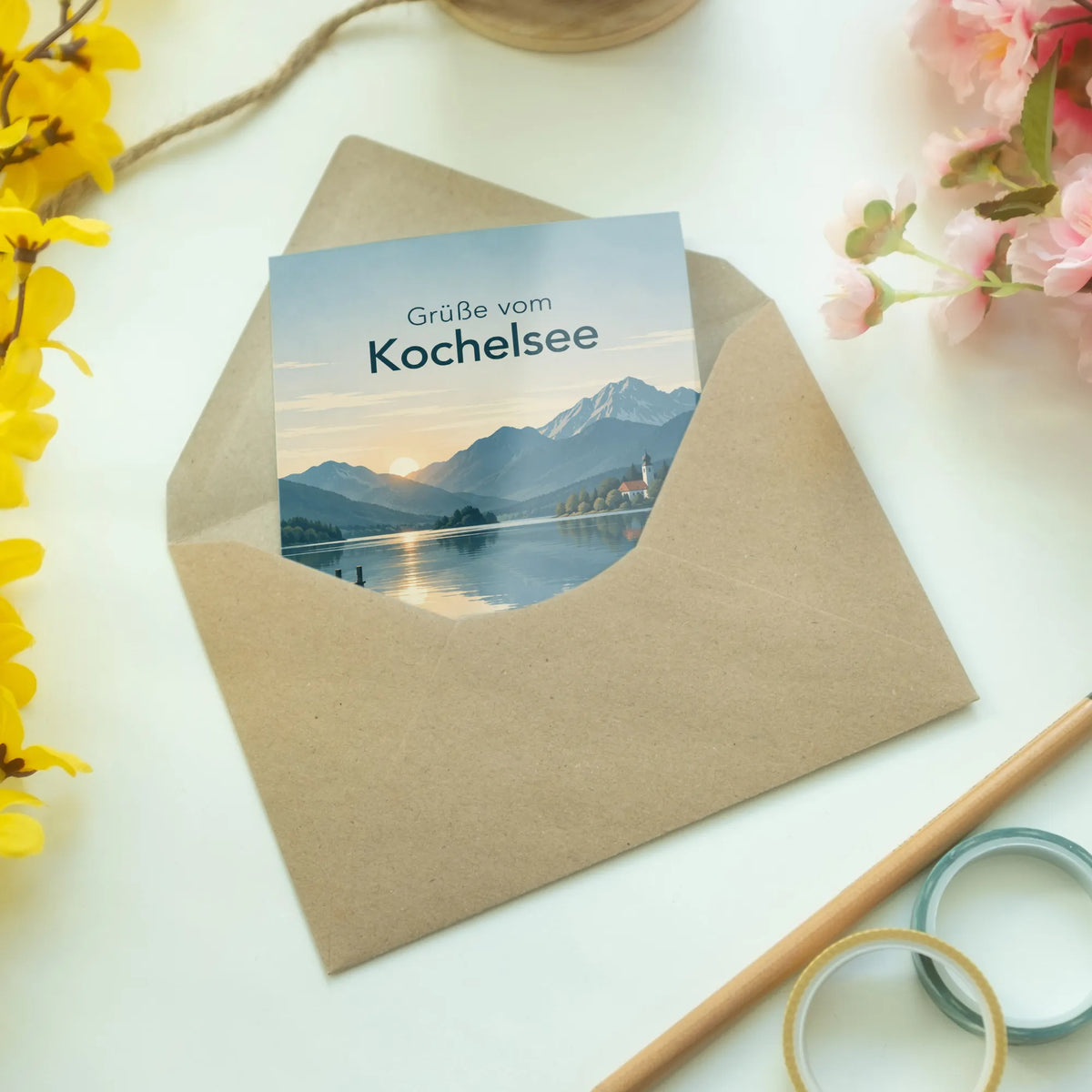 Herzliche Grußkarte vom Kochelsee mit Bergsilhouetten