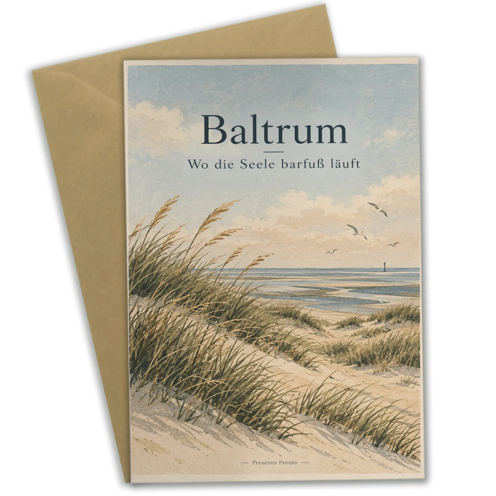Ruhige Baltrum Urlaubskarte mit Dünenlandschaft und Möwen|p:2024006|h:12610bd8fd738fb3e7308f458226f75a