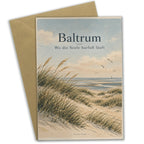 Ruhige Baltrum Urlaubskarte mit Dünenlandschaft und Möwen|p:2024006|h:12610bd8fd738fb3e7308f458226f75a