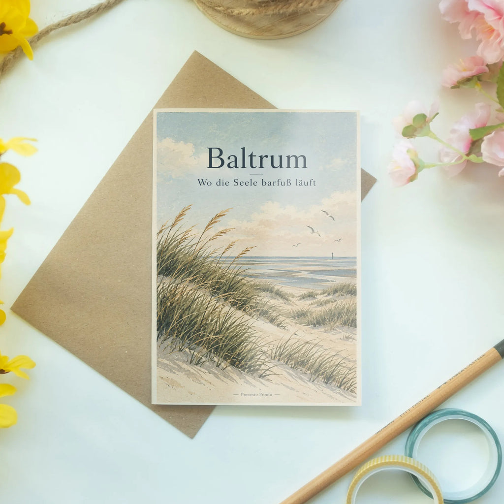 Ruhige Baltrum Urlaubskarte mit Dünenlandschaft und Möwen|p:2024006|h:80102dca80395e99f56d2e60cfe140dc