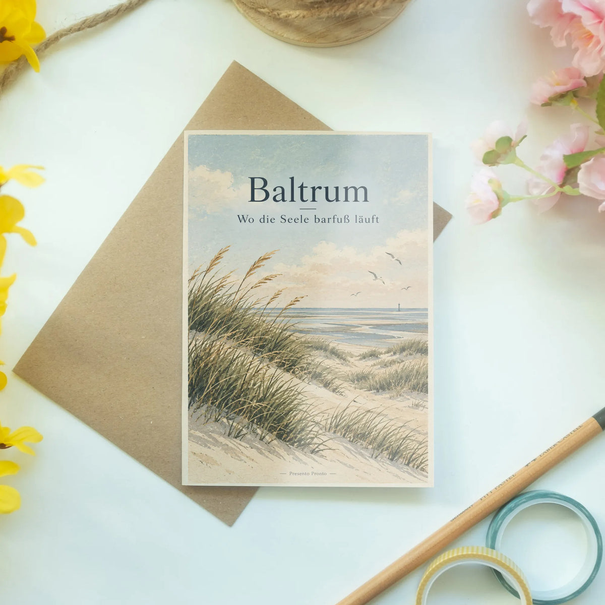 Ruhige Baltrum Urlaubskarte mit Dünenlandschaft und Möwen