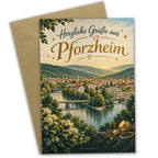 Herzliche Grußkarte aus Pforzheim mit Schwarzwaldhügeln|p:2024011|h:0c274dc41c0673765ba45c4fe4314563