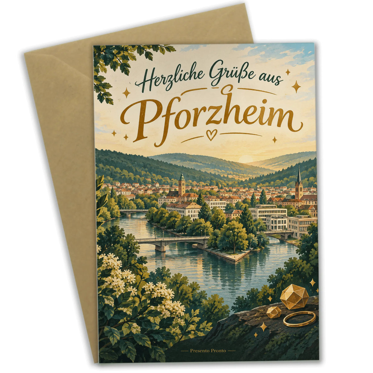 Herzliche Grußkarte aus Pforzheim mit Schwarzwaldhügeln