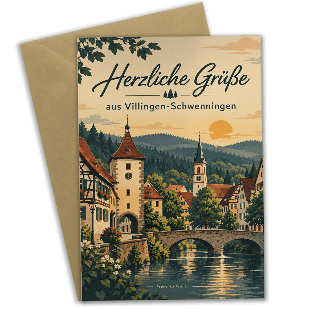 Herzliche Grußkarte aus Villingen-Schwenningen mit Fachwerkhäusern