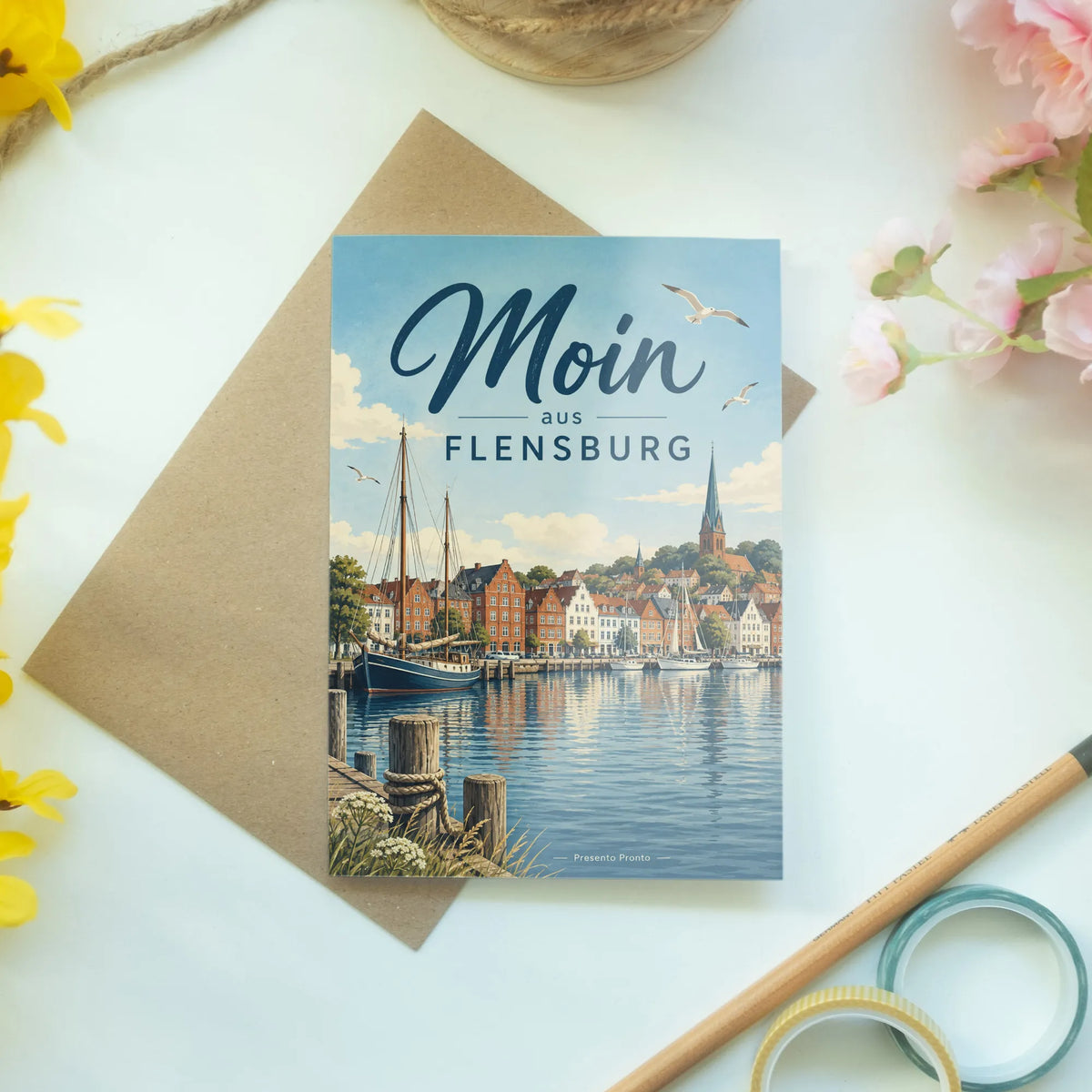 Herzliche Grußkarte aus Flensburg mit Hafenansicht