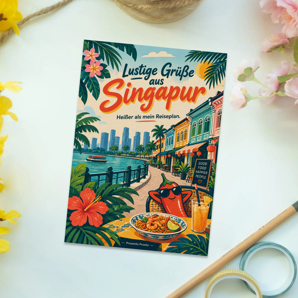 Lustige Grüße aus Singapur Postkarte mit Chilischote|p:2024031|h:00583538222397cb4da57977880df89b