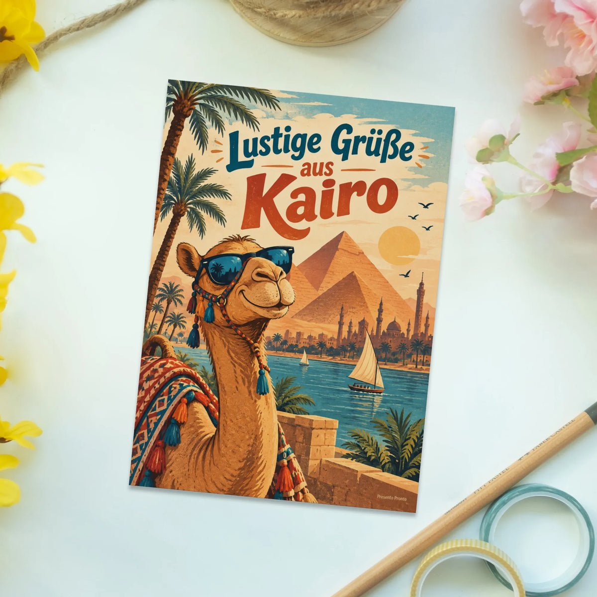 Lustige Grüße aus Kairo Postkarte mit Kamel