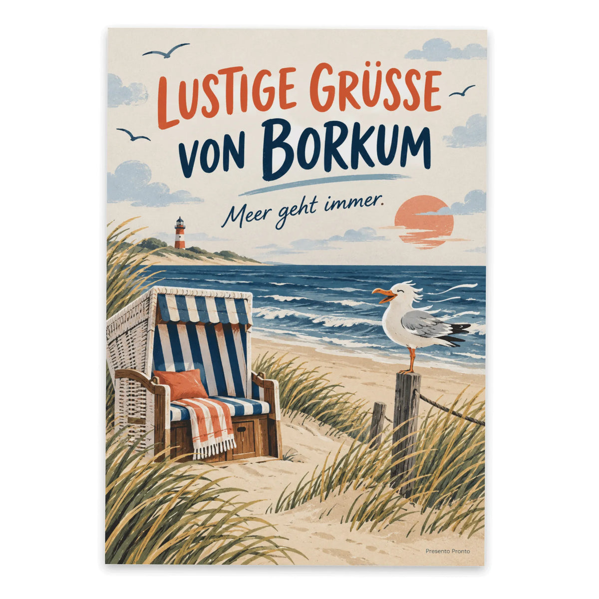 Lustige Grüße von Borkum Postkarte mit Strandstuhl