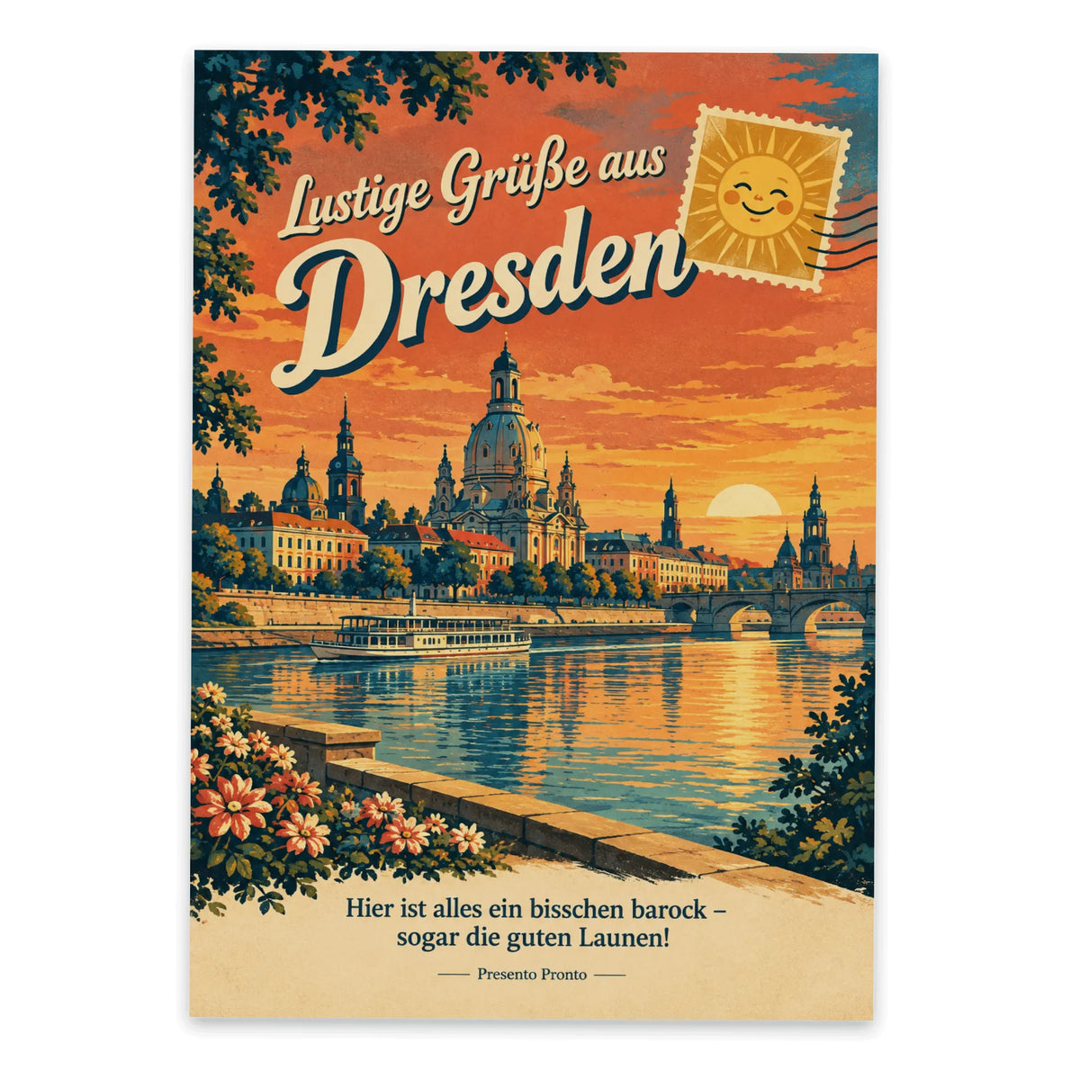 Lustige Grüße aus Dresden Postkarte mit Elbpanorama