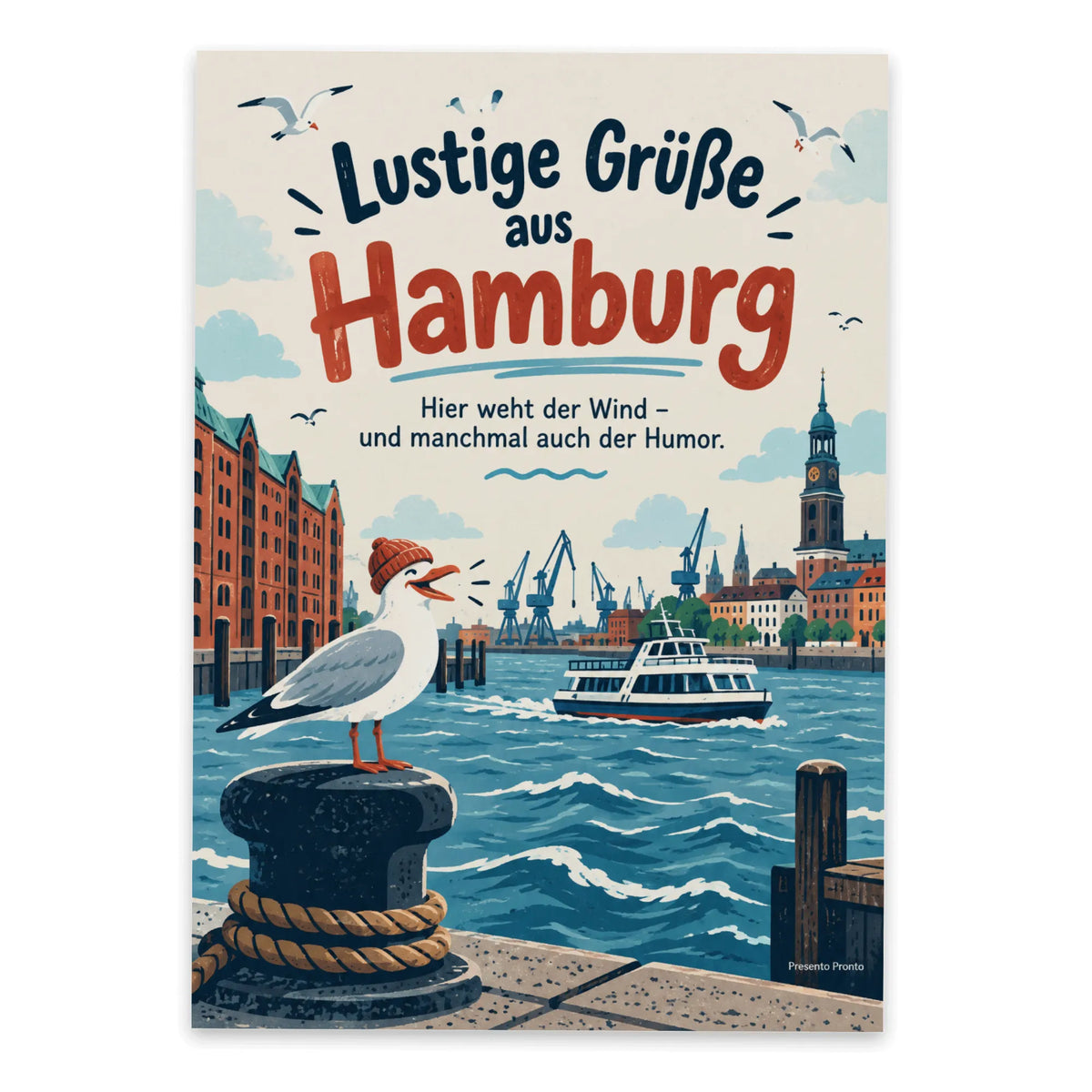 Lustige Postkarte mit Grüßen aus Hamburg und Fähre