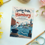 Lustige Postkarte mit Grüßen aus Hamburg und Fähre|p:2024072|h:0717402186d3e9c75df0221febdee351