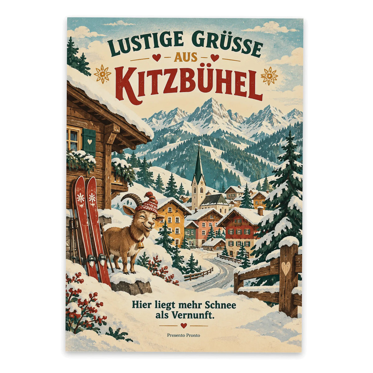Lustige Grüße aus Kitzbühel Postkarte mit Ziege im Schnee