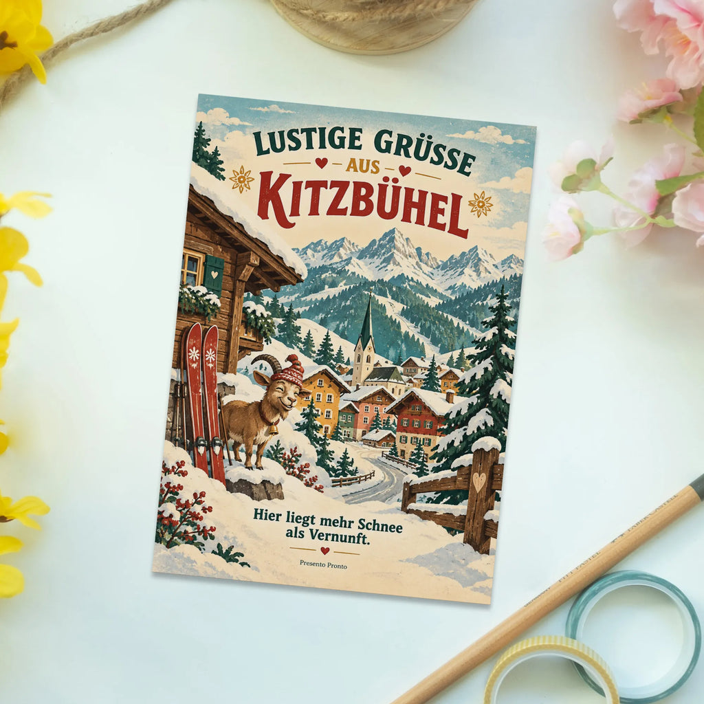 Lustige Grüße aus Kitzbühel Postkarte mit Ziege im Schnee|p:2024109|h:9e2ec5863145b104f577e692ec326422